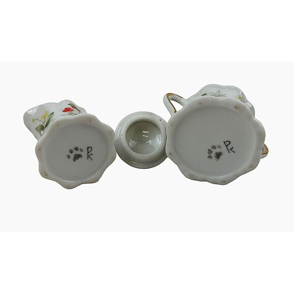 Vintage Porcelain Mini Creamer Sugar Set Floral Design Berries Leaves Gold Trim - Picture 9 of 10